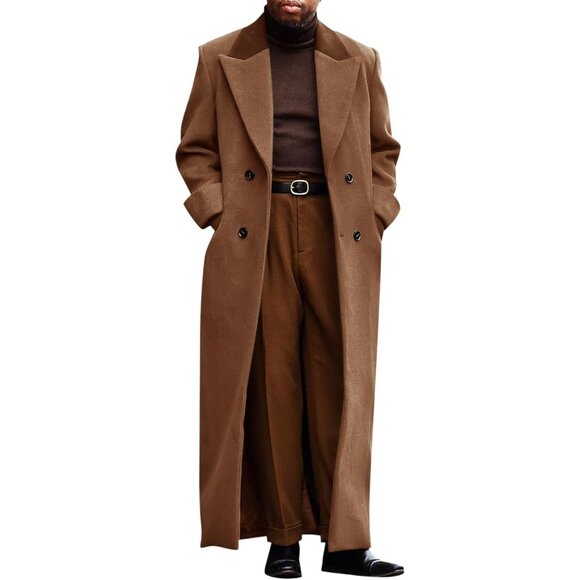 Other - Men's Coffee Full-Length Double-Breasted Trench Coat with Notched Lapel